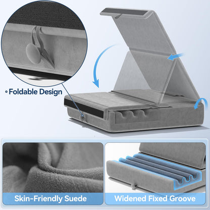 KDD Tablet Pillow Holder, Foldable iPad Stand for Lap, Bed and Desk -Tablet Soft Pad Dock with Pocket & Stylus Mount Compatible with iPad Pro 12.9, 10.5, 9.7 Air Mini 6 5 4 3, Galaxy Tab, E-Reader