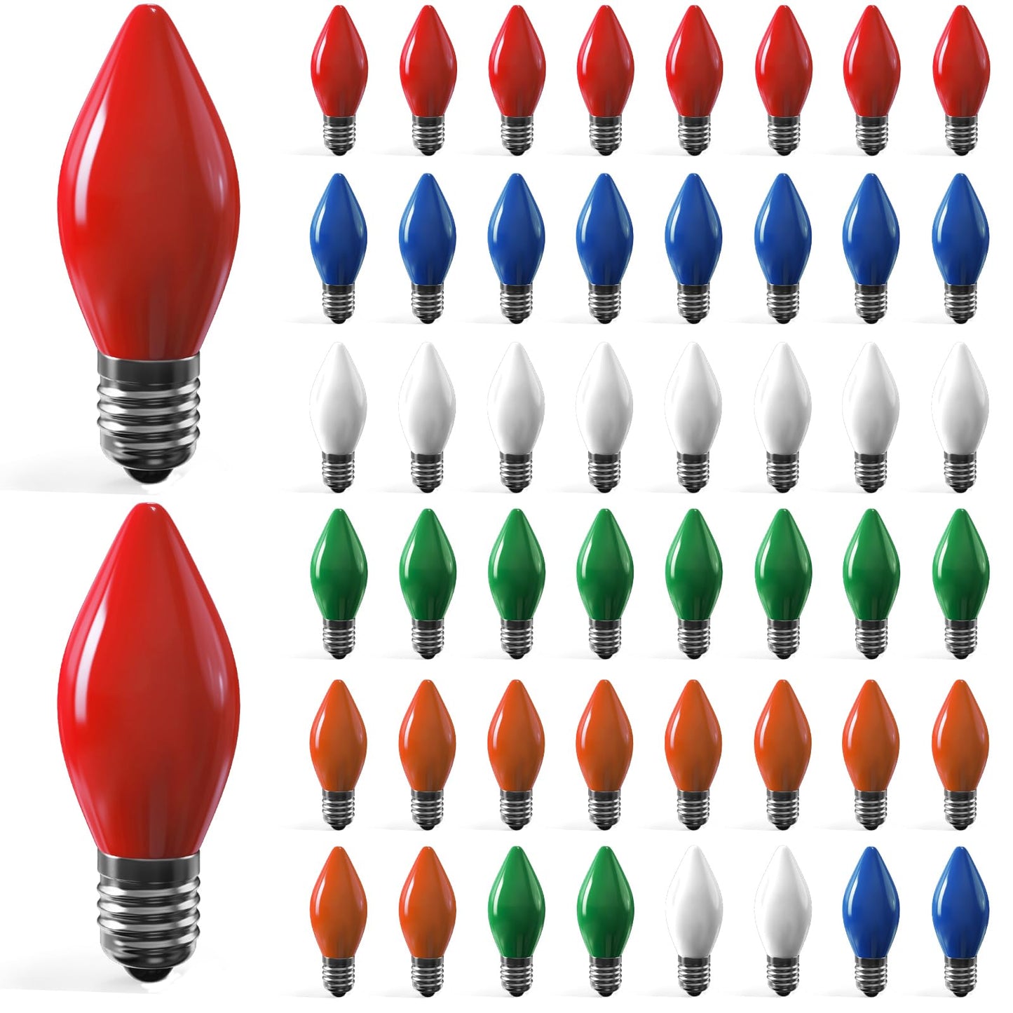 50 Pack C7 Multicolor Christmas Light Bulbs, C7 Multicolor Ceramic Christmas Replacement Bulbs for Outdoor String Lights, Window Candles, 5 Watt Incandescent Night Light Bulbs, C7/E12 Candelabra Base