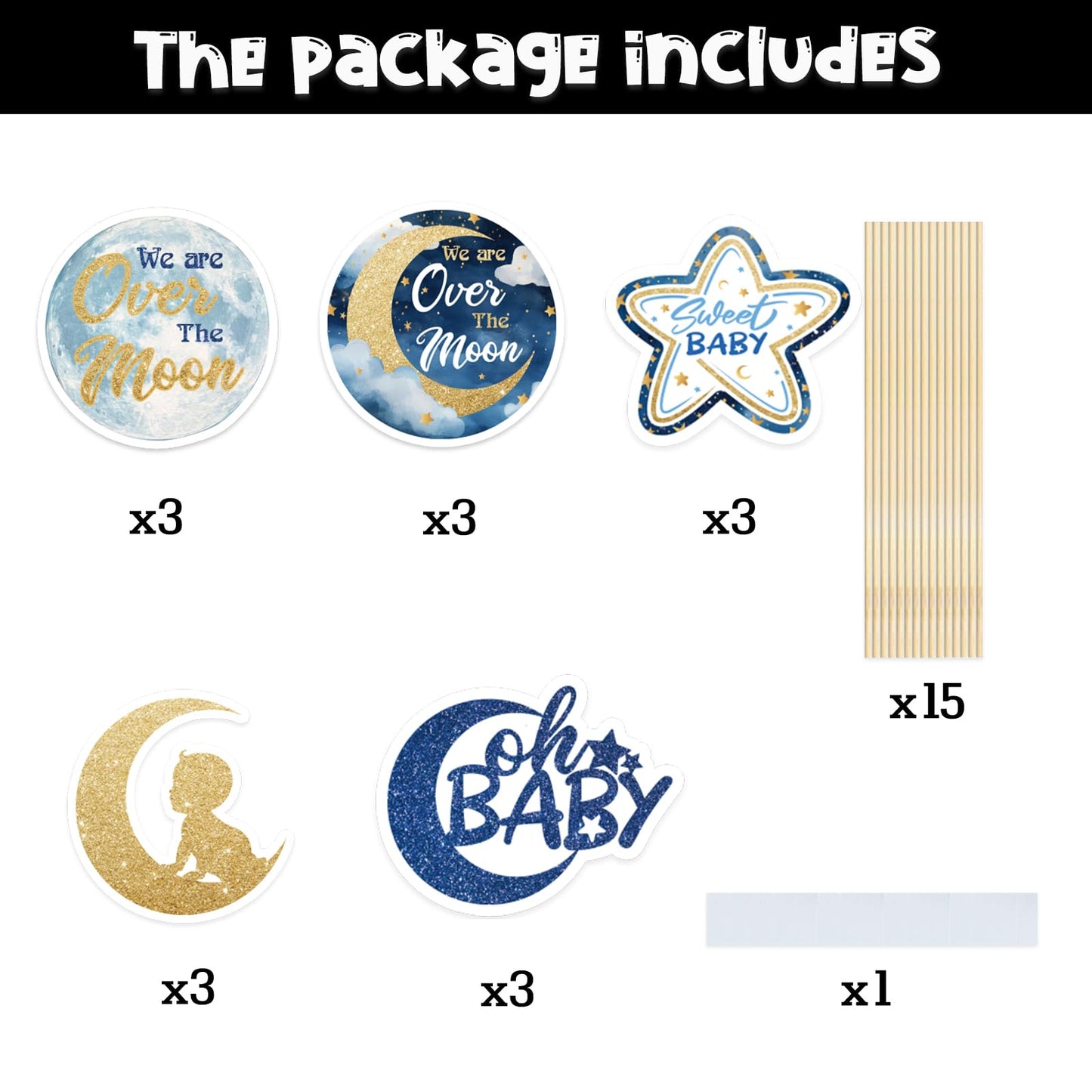 Little Star Oh Baby Centerpiece Sticks - We are Over the Moon Baby Shower Party Table Toppers - Girl Boy Baby 1st Birthday Party Decorations - Set of 15