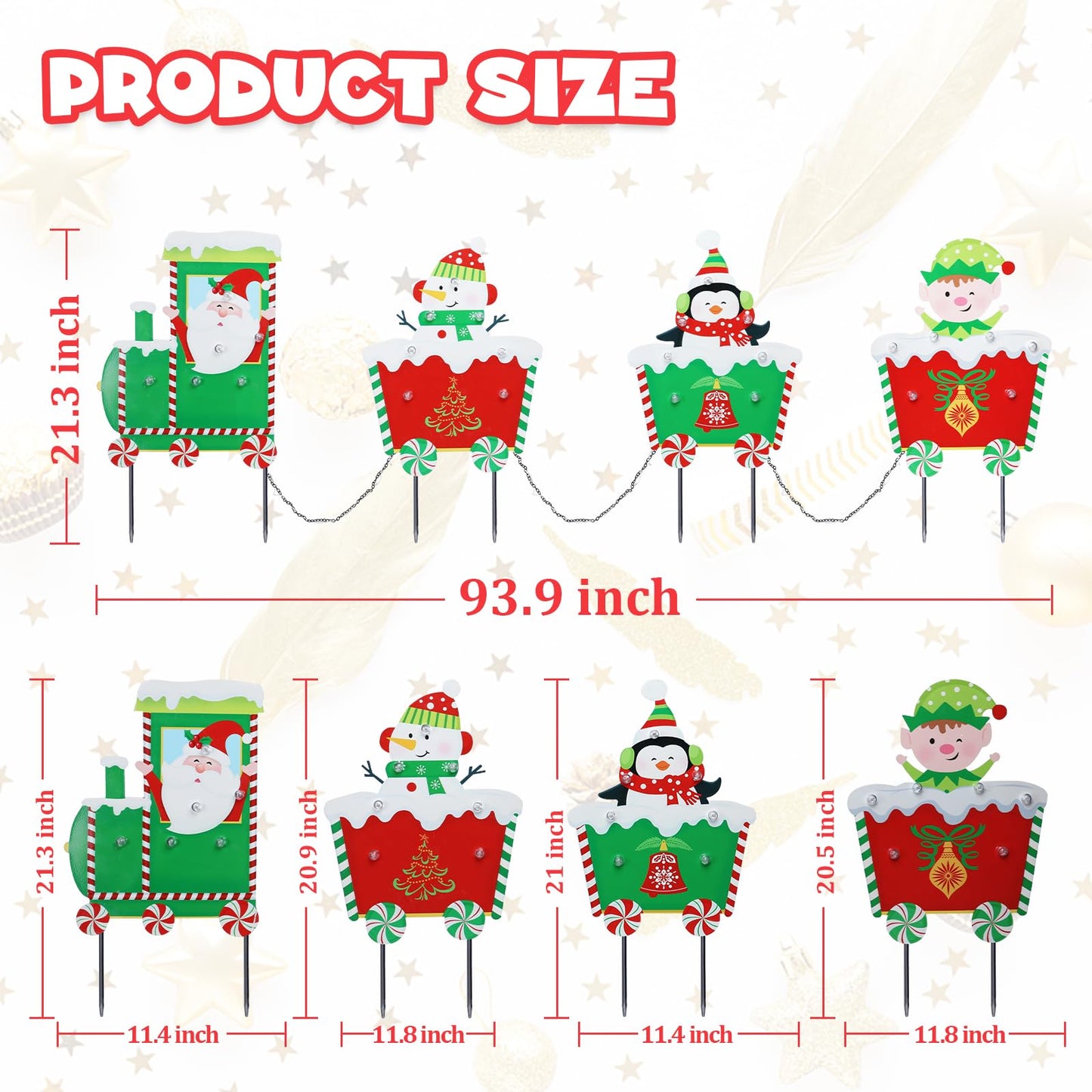 WONDER GARDEN Christmas Metal Yard Stakes, Lighted 4 Pack Christmas Garden Stakes Yard Signs, Outdoor Decorations Train with Santa, Snowman, Penguin, Boy for Lawn Party Outside