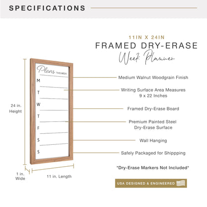 MCS Dry Erase Weekly Planner 11x24 Walnut Framed Calander Whiteboard for Wall, Plan Your Week with Family Weekly Planner for Dinners, Sports, Events & More