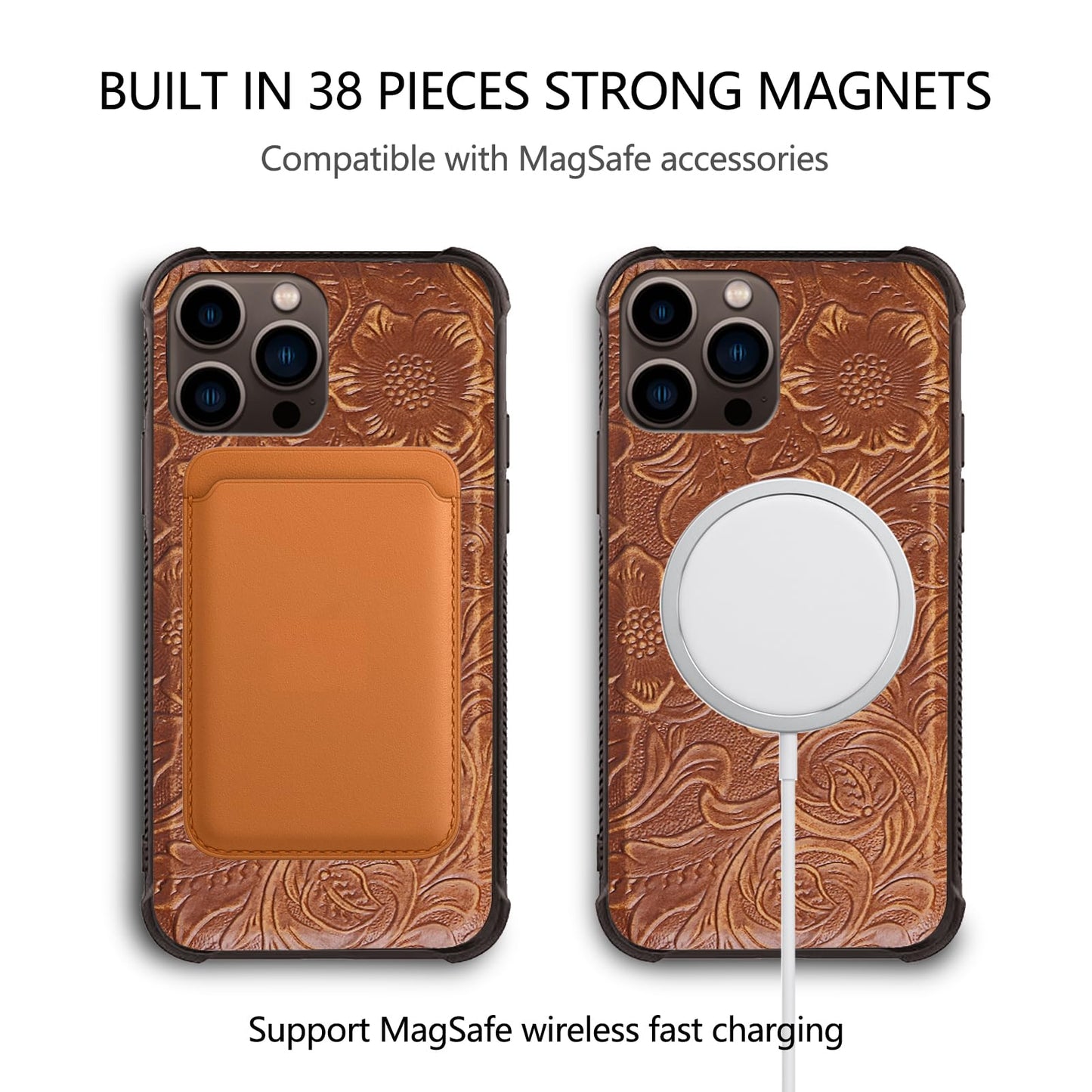 RMAWRAD Leather Case Compatible with iPhone 16 Pro Max Wallet 6.9",Genuine Leather 2in1 Magnetic Detachable Shockproof Kickstand,Flip Folio Cover with Card Slot,Wireless Charging RFID Blocking Brown