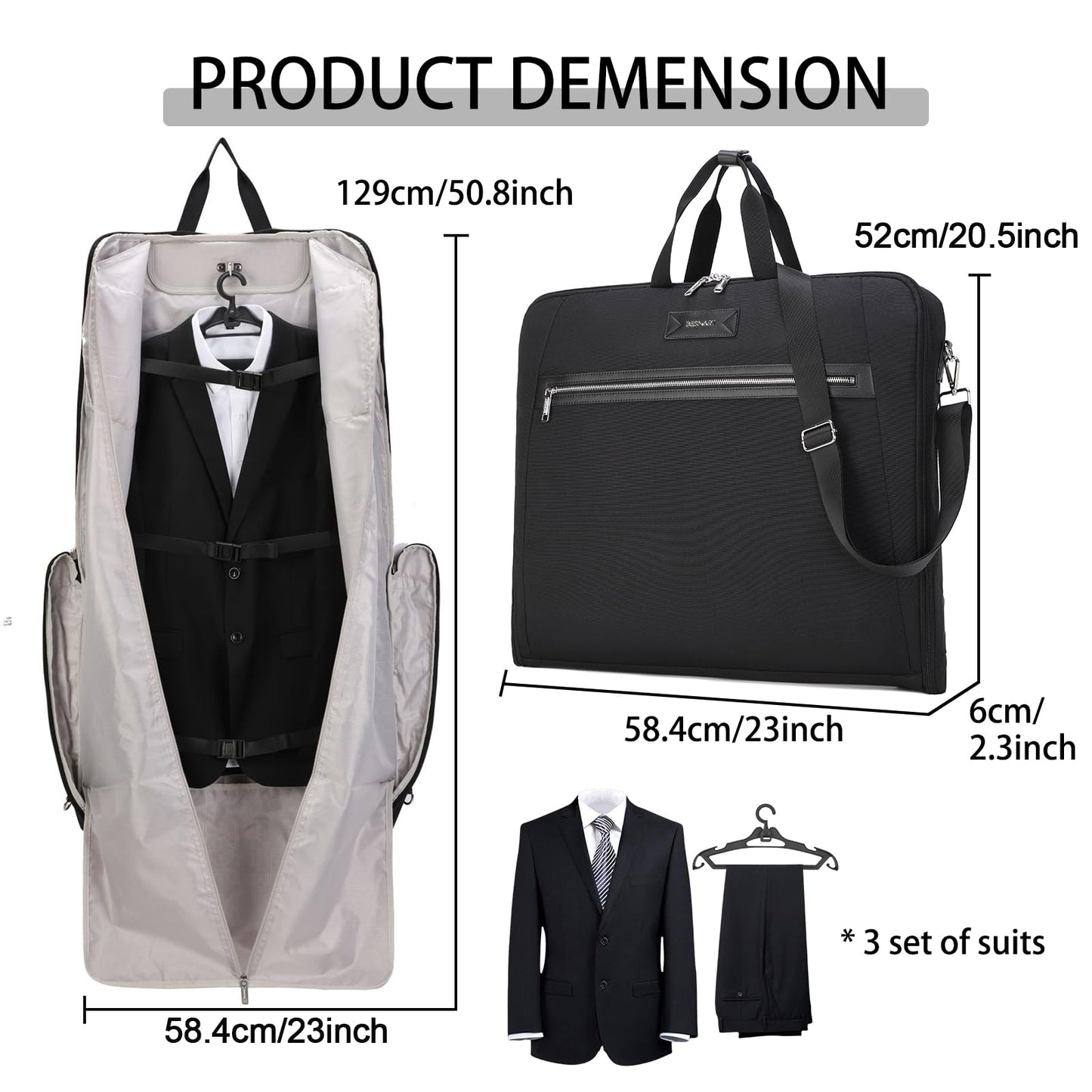 BE SMART Waterproof Foldable Garment Bags for Travel, 51" Large Travel Hanging Bags for Clothes, Carry on Suit Bag with Strap for Men Women, Wrinkle Free Luggage Suit Cover for Business Trips(Black)