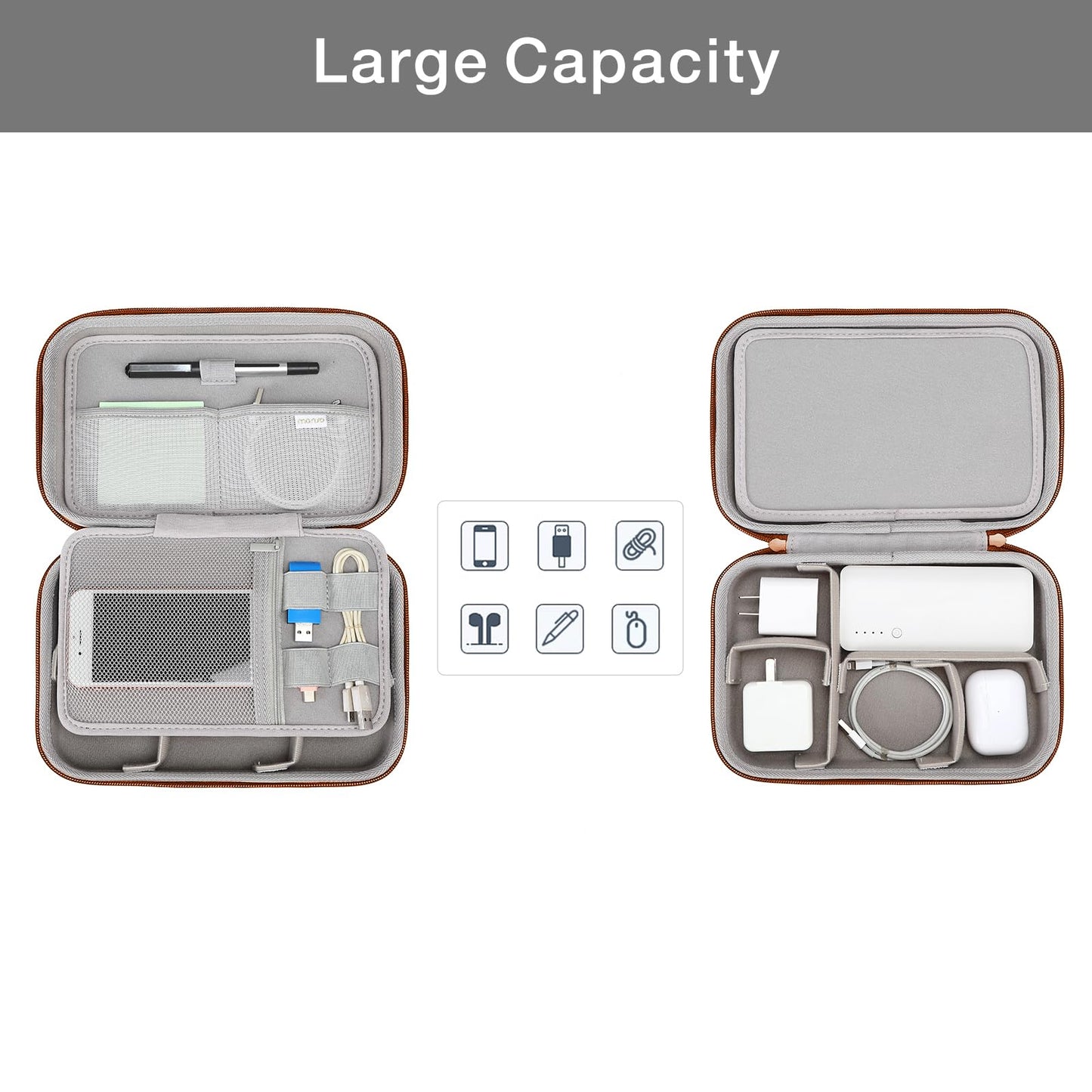 MOSISO Electronic Organizer Travel Case Compatible with MacBook Power Adapter, Compatible with Magic Mouse & Pencil, SD Card, USB Flash Disk with 4 Modular Insert & 2 Cable Tie & Snap Hook, Brown