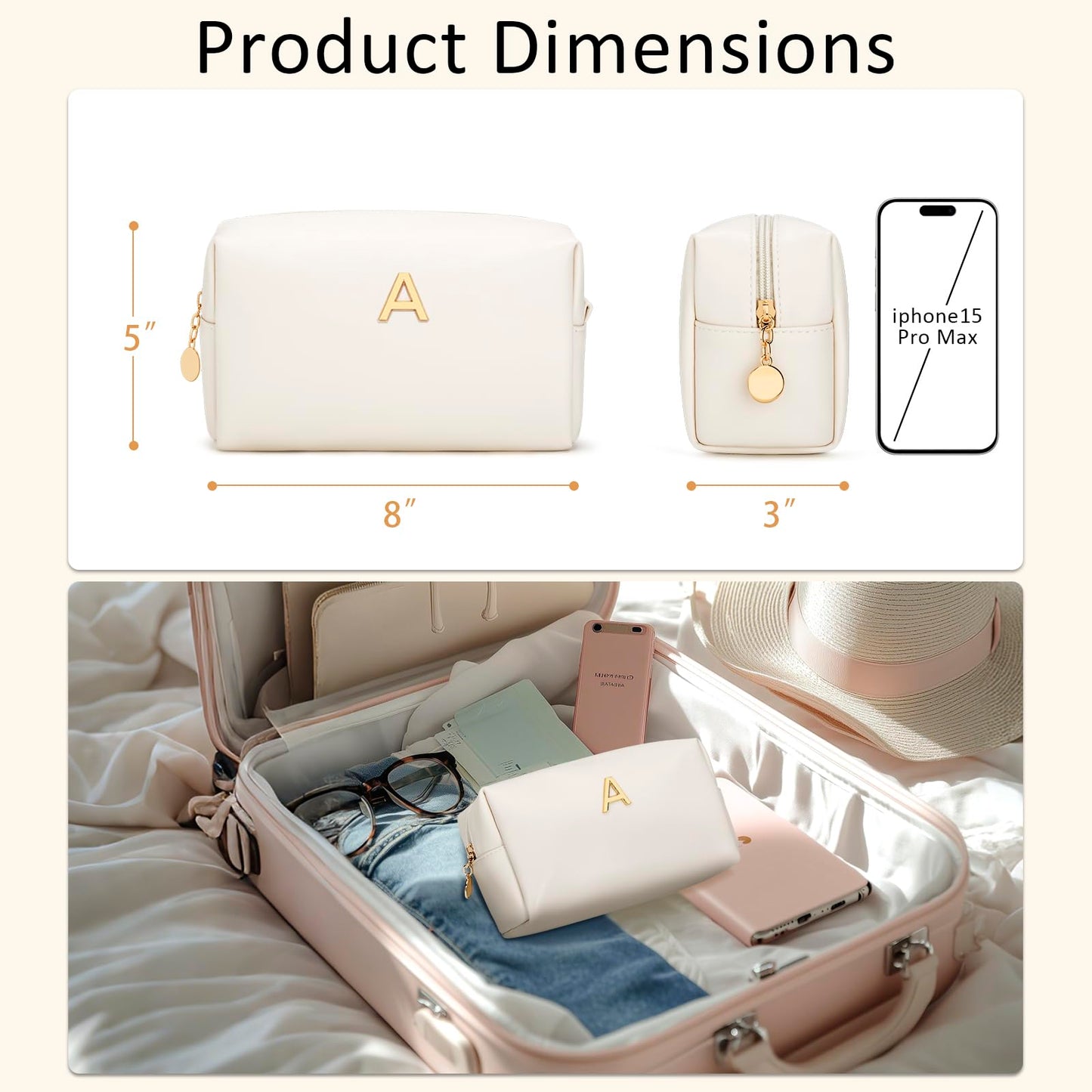 KKXIU Initial Makeup Bag for Women - Personalized Birthday Gifts Cosmetic Travel Toiletry Bag with Waterproof Soft PU Leather Customized Gifts for Friend Teacher Bridemaid (A, Beige)
