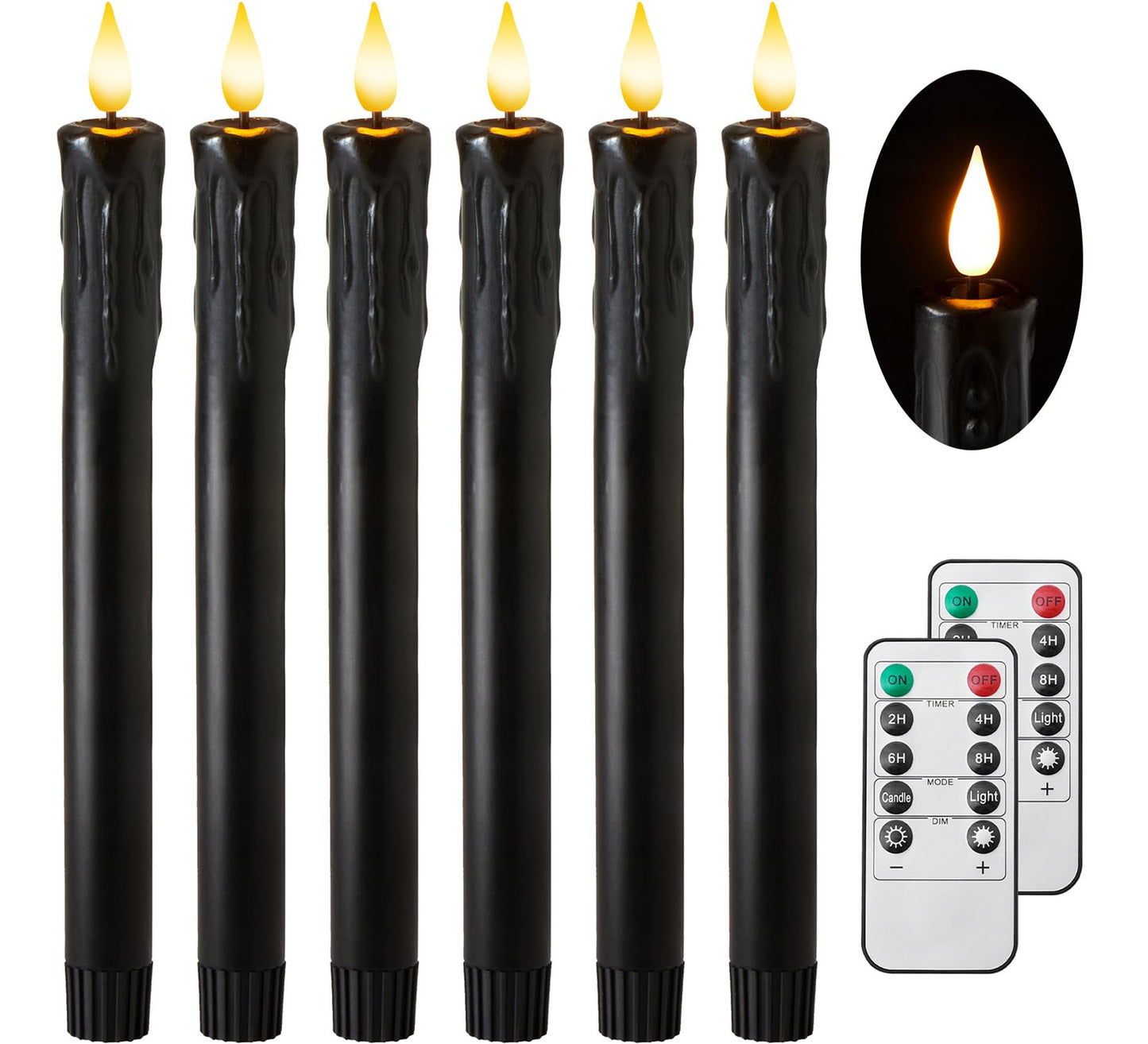 Velsyn Black Flameless Taper Candles with Remote and Timer - 9.65 Inch Real Wax LED Candlesticks - Wax Drip Battery Operated Halloween Taper Candles with 3D Flickering Flame Halloween Decor, 6 Pack