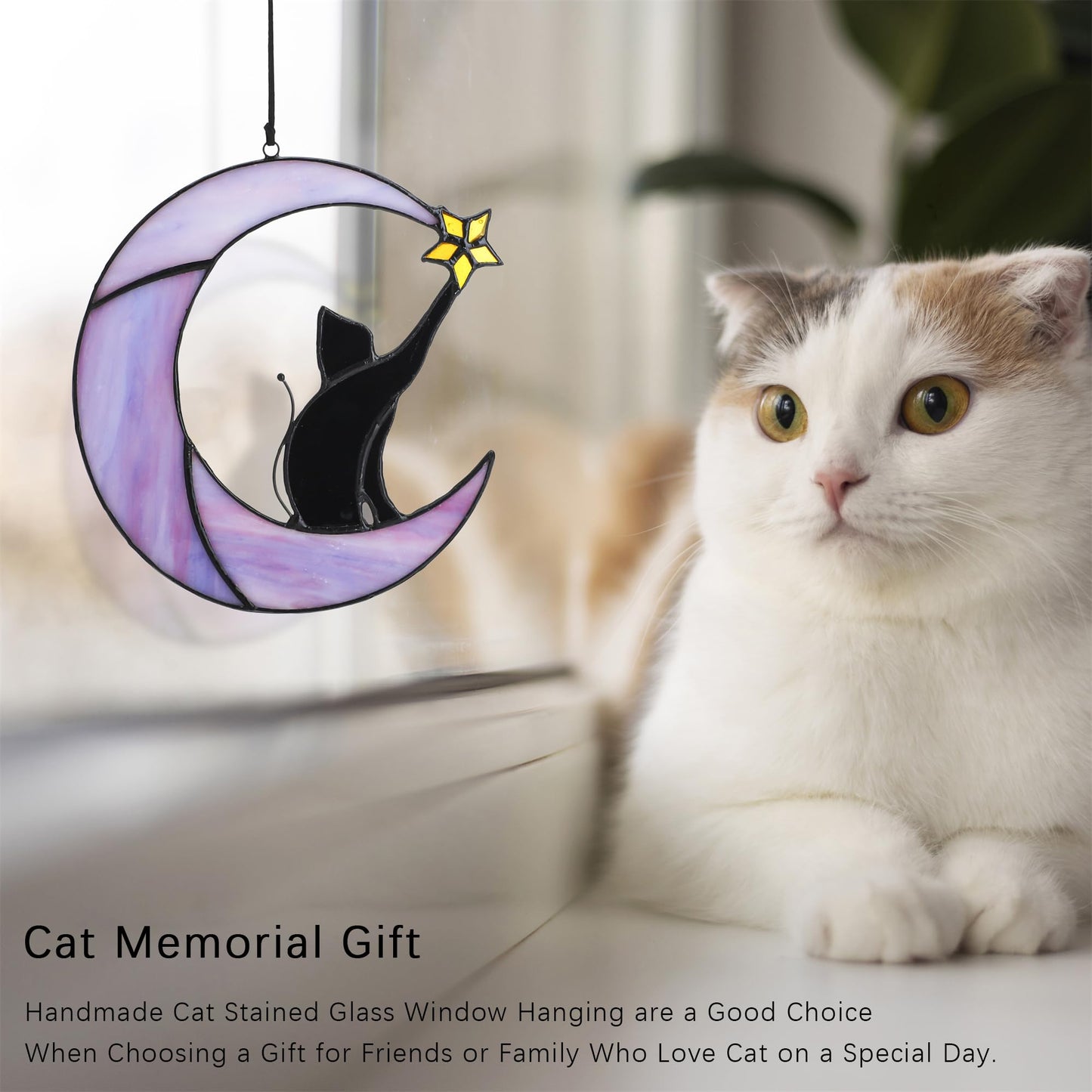 HDCRYSTALGIFTS 6.5'' Black Cat Decor on Purple Moon Stained Glass Window Hanging Suncatcher,Wall Art Glass Window Panel Sun Catcher,Halloween Decoration Memorial Gift for Lover Cat Loss