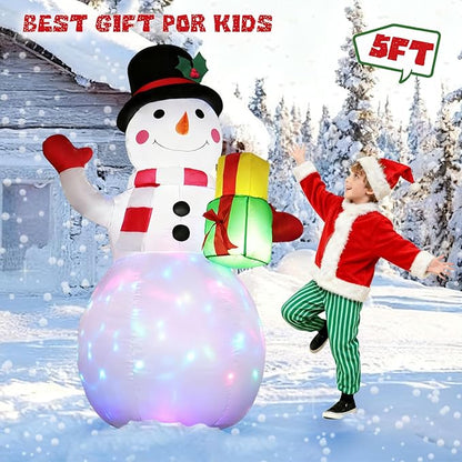 5FT Christmas Inflatables Snowman with Gift Box & Rotating Lights, Blow Up Snowman Outdoor Decoration LED Lighted Snow Man Christmas Decor for Yard Patio Garden Lawn Xmas Holiday Indoor Party