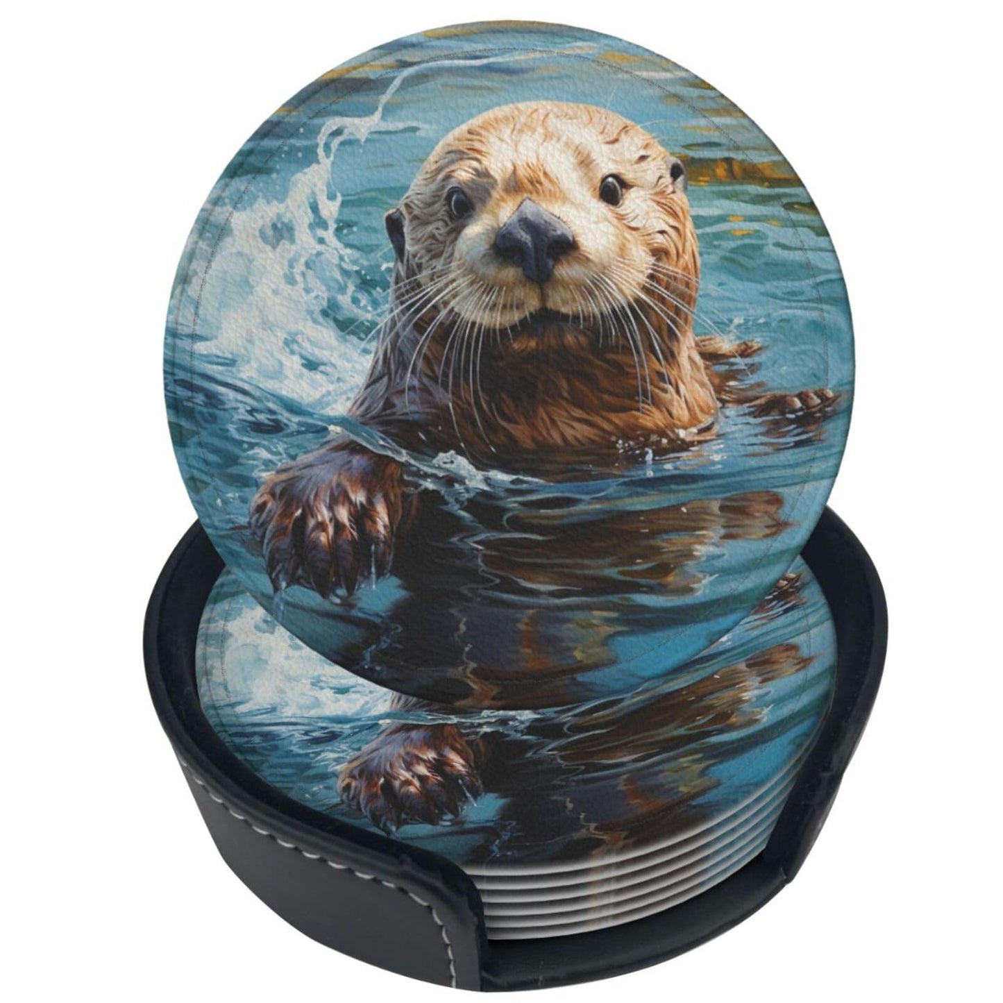 Famame 6 Pcs Cute Sea Otter Leather Coasters for Drinks with Holder Coaster Sets Drink Table Cup Coasters for Living Room Kitchen Coffee Decor
