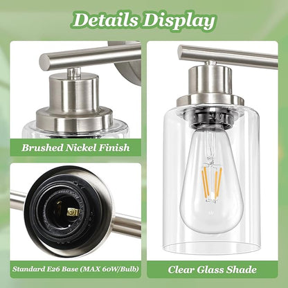 3-Light Brushed Nickel Vanity Lights, E26 Modern Bathroom Light Fixtures with Clear Glass Shade, Wall Lamps for Mirror Kitchen Hallway Cabinet Living Room Sconces Lights