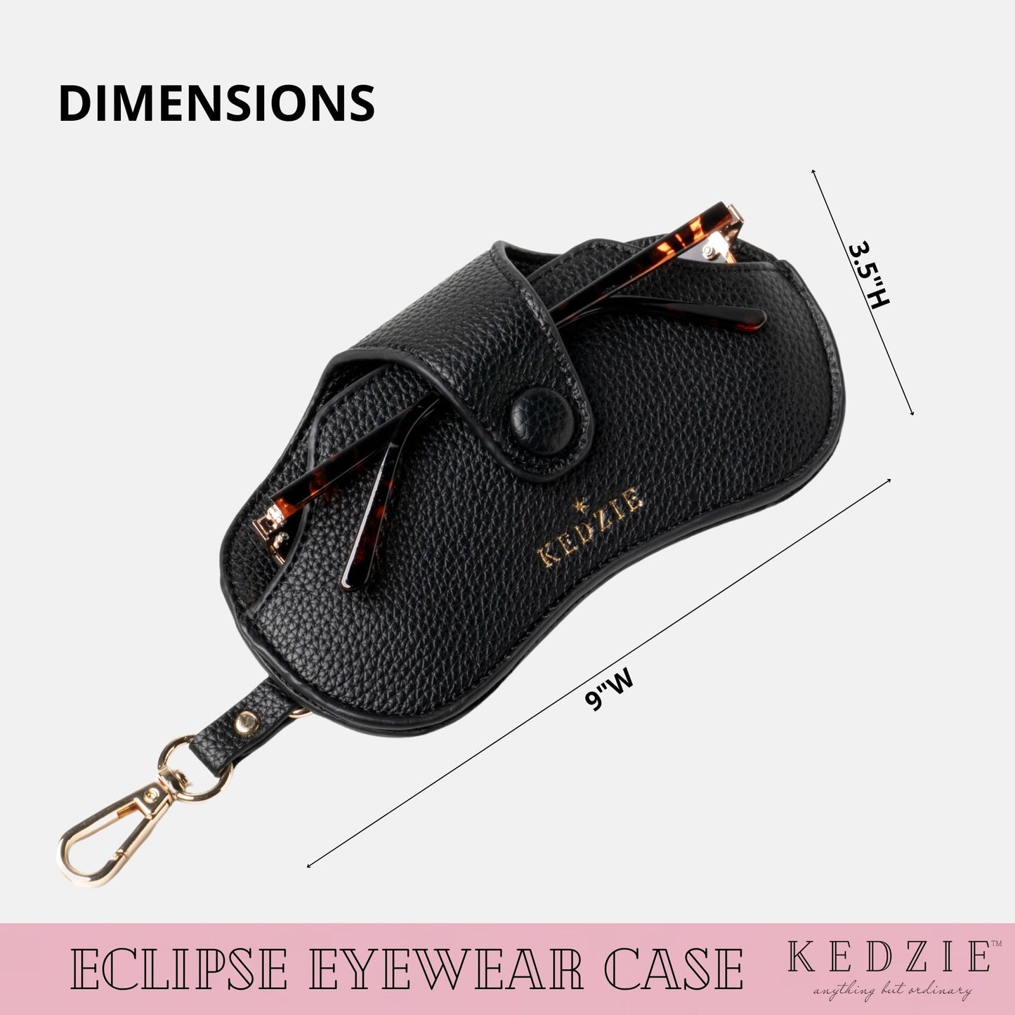 KEDZIE Eclipse Eyewear Case Unisex Vegan Leather Eyeglass Case Pouch with Snap Closure - Black