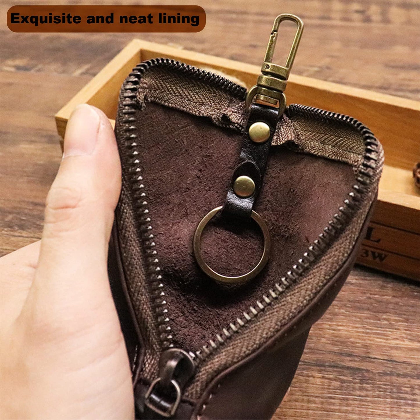 LFWATAXY Medieval Leather Zipper Coin Pouch, Genuine Cowhide Handcrafted Coin Organizer Change Holder Keychain Coin Purse for Men & Women (Brown)