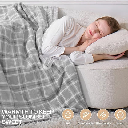 Heated Blanket Electric Twin, Heating Blanket with 8 Fast Heating Levels & 10 Hours Auto Shut-Off, Grey White Plaid Washable Warm Soft Flannel Blanket Gift for Couch Bed Office, ETL Certified