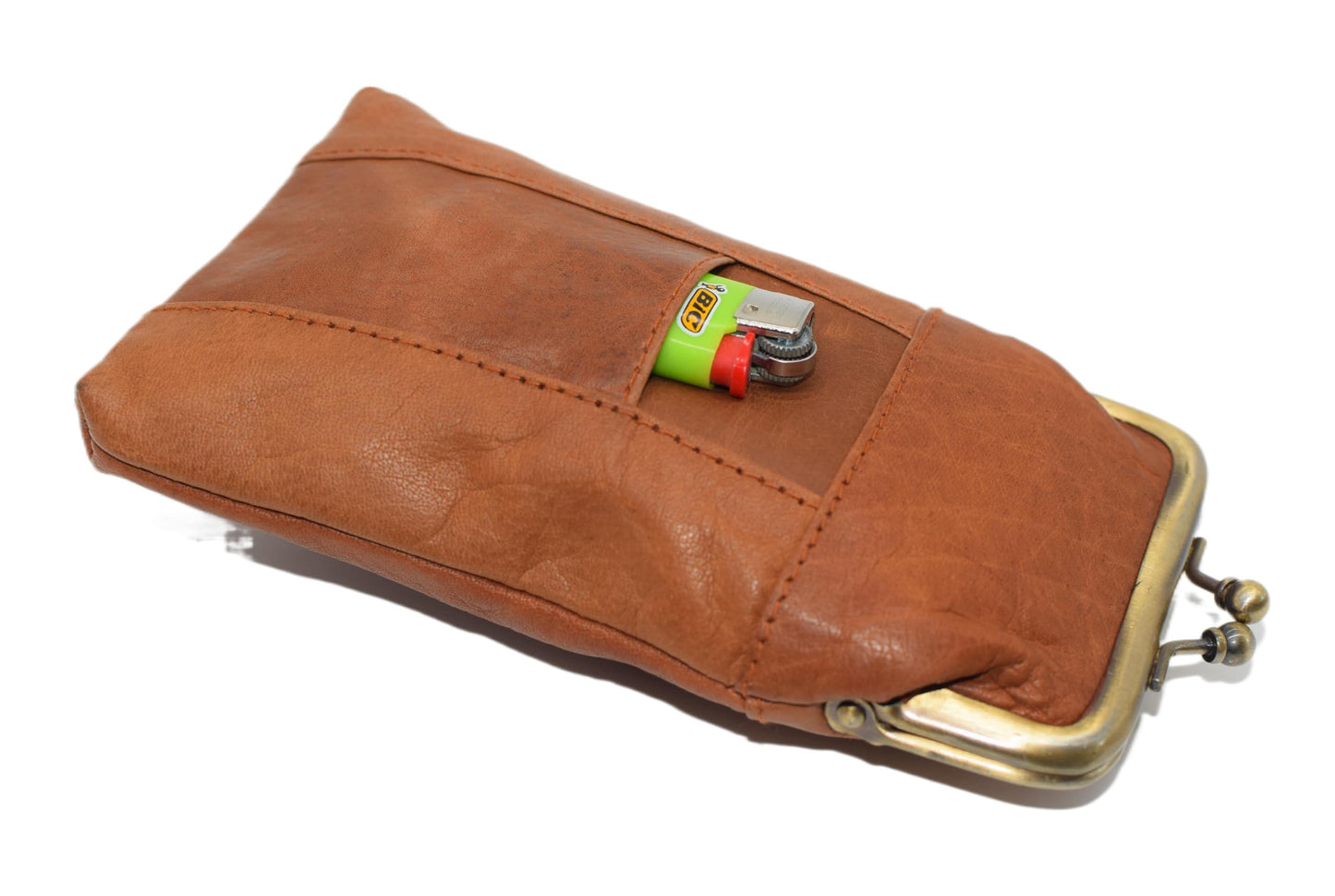 Genuine Leather Tan Cigarette Case Holder Slim Pack Regular or 100's & Lighter Pocket with Metal Twist Clasp (Tan)