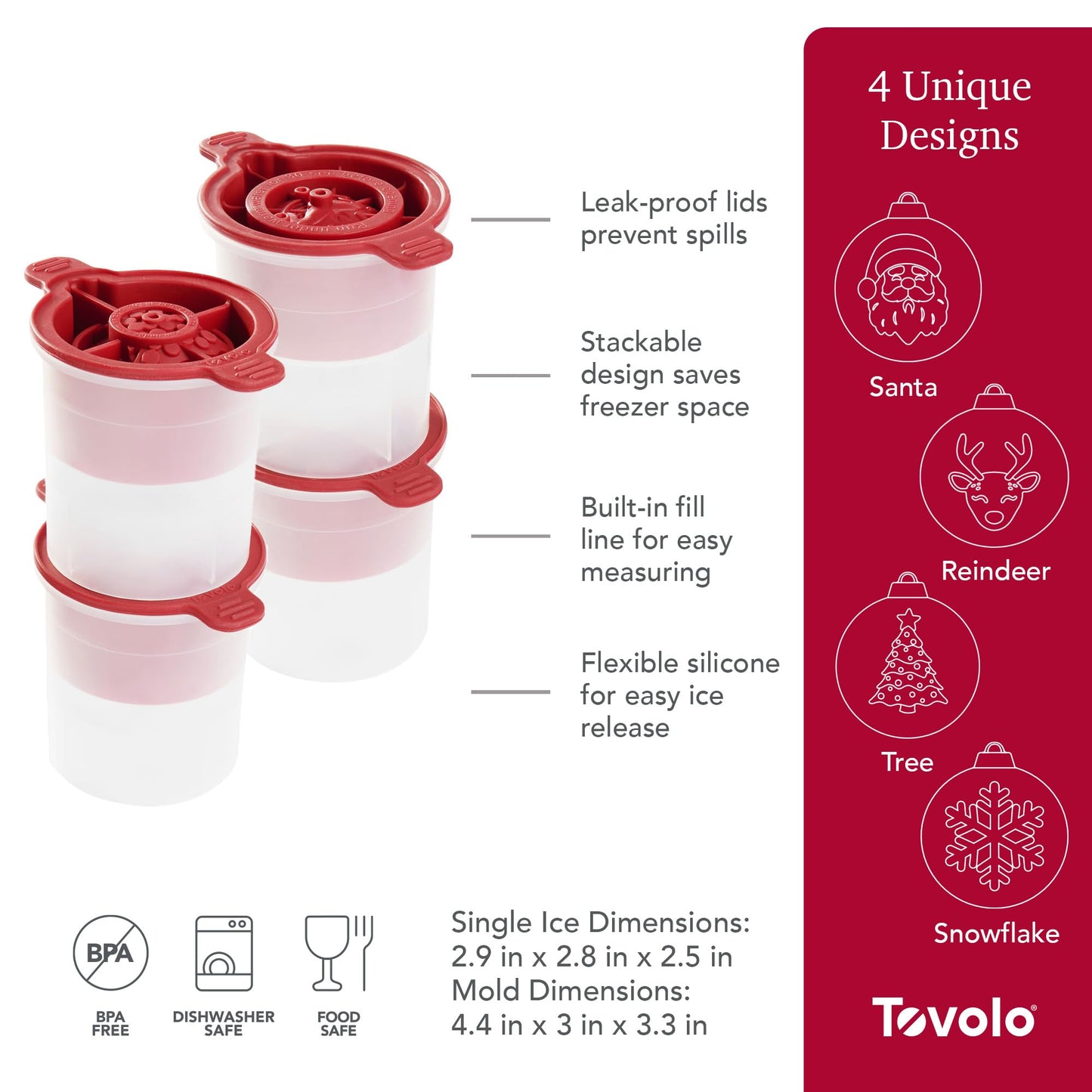 Tovolo Holiday Ice Molds for Cocktails Set of 4 Snowflake Ice Mold Christmas Tree Ice Mold Santa Reindeer Christmas Gifts for Men, Complete Set of Stackable Silicone Ornament Ice Molds for Cocktails