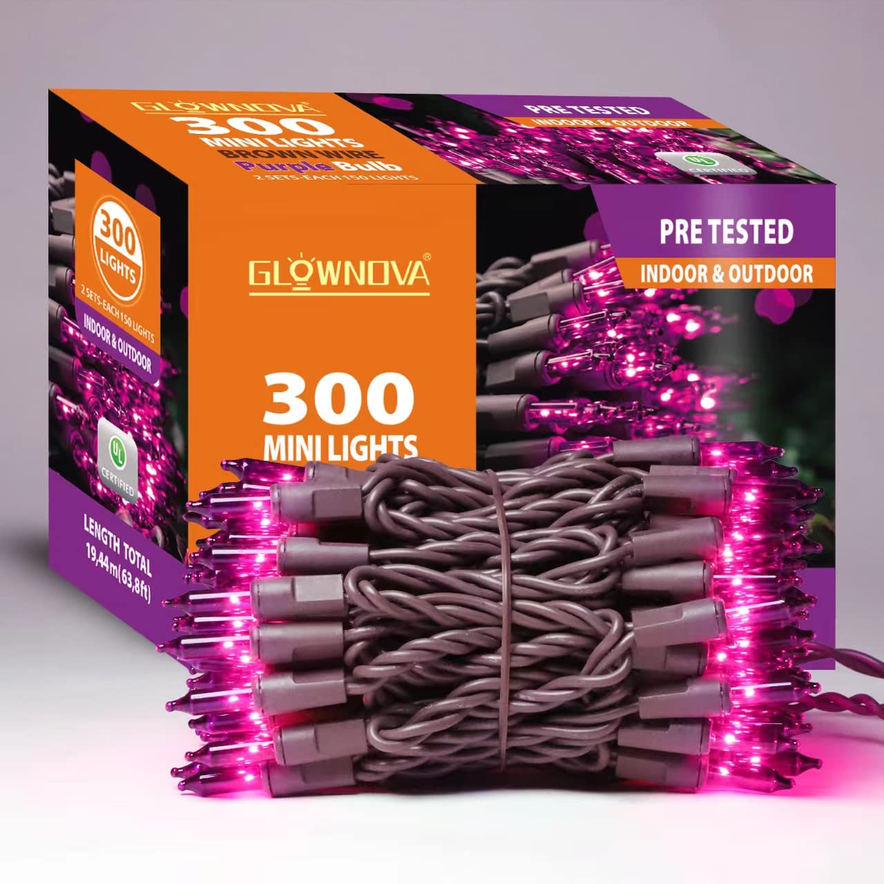 GLOWNOVA Brown Wire, Purple Incandescent Bulb 300(150L*2pcs) Mini String Lights for Indoor Halloween Tree Home Party Festival Decoration