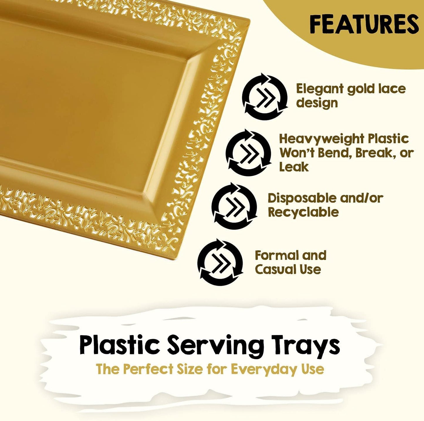 Yumchikel-Decorative Plastic Serving Tray & Platter Set (6 pk)-Gold & lace Rim Serving Trays & Platters for Food - Weddings, Upscale Parties, Dessert Table, Cupcake Display - 14"x7.5" inches