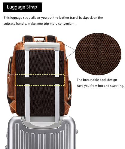 LANNSYNE Vintage Genuine Leather Backpack for Men, 15.6" Laptop Backpack Camping Travel 24L Rucksack