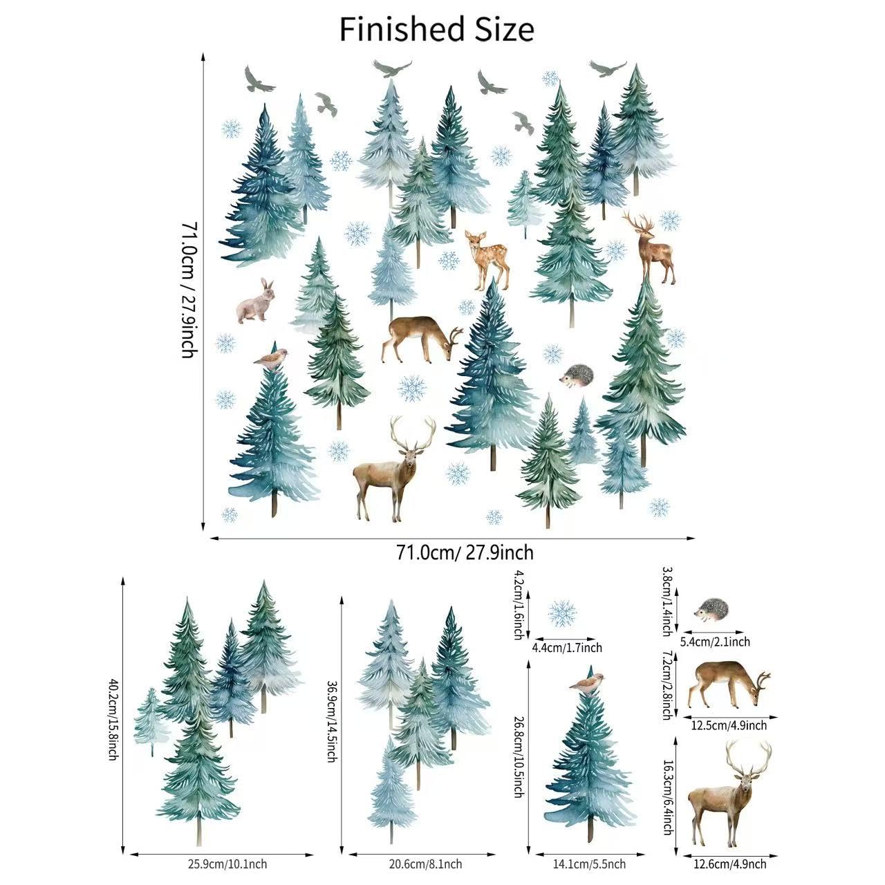 MuralMood Large Christmas Tree Wall Stickers， Pine Tree Forest Deer Elk Kids Bedroom Holiday Decor，Xmas Snowflakes Woodland Animals Birch Birds for Nursery Living Room Offices Home Bedroom