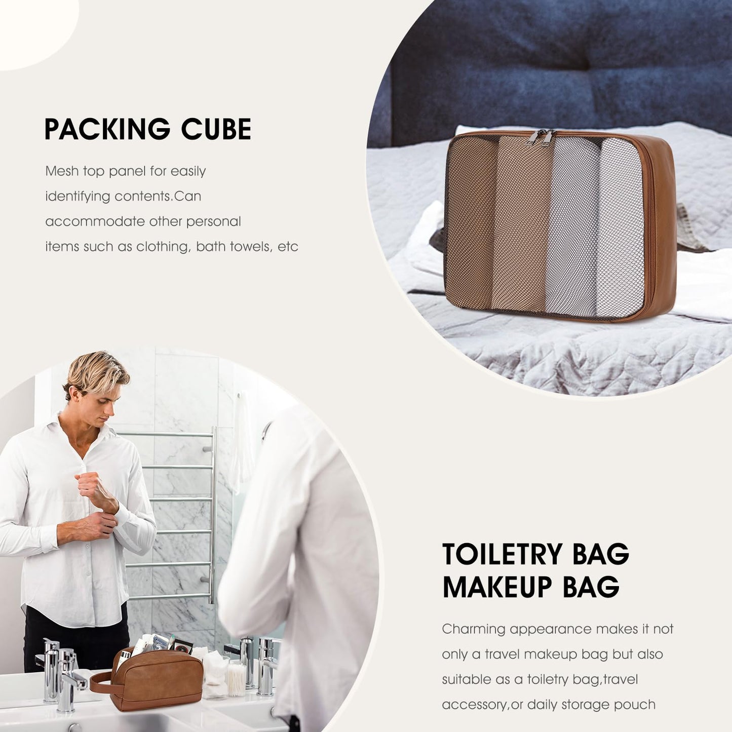 Wogarl 3PCS Faux Leather Weekender Bag for Women Men Large Overnight Bags Travel Duffel with Shoe Compartment Toiletry Packing Cube Carry On Tote Fit 21" Laptop(Light Brown)