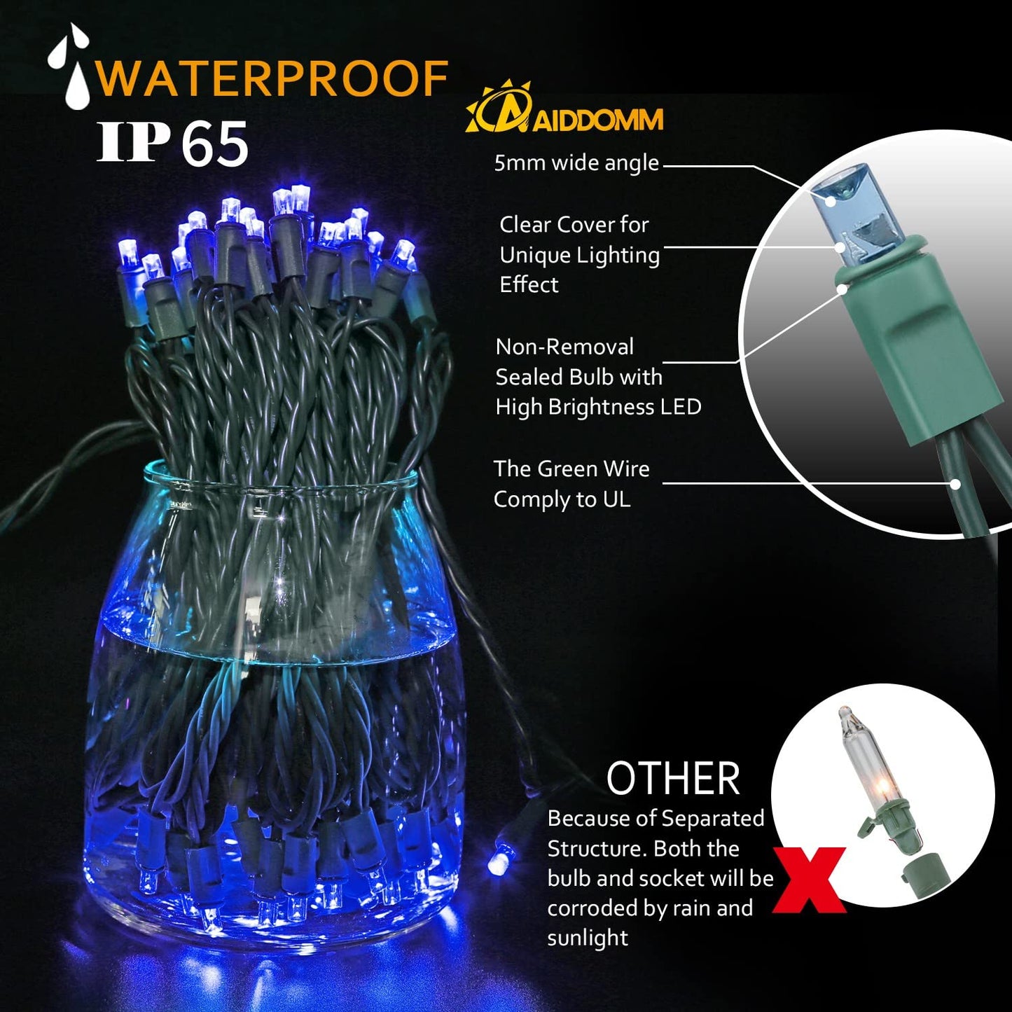 AIDDOMM 50 Count Blue Christmas Lights 25ft 5mm Blue String Lights, Outdoor & Indoor, Waterproof, Green Wire Mini String Lights, UL, IP:65