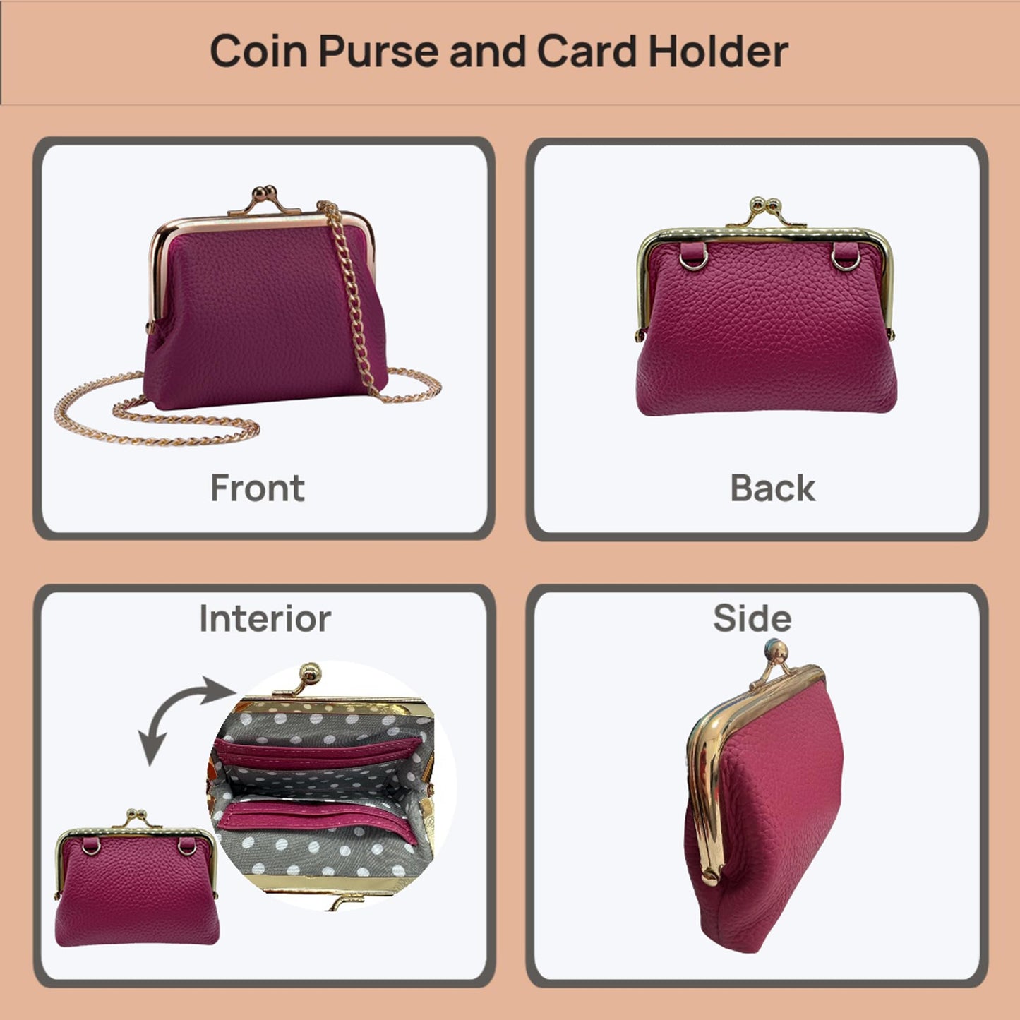Cute Small Coin Purse & Credit Card Holder for Women Fashion Crossbody Chain Wallet Leather Coin Pouch Change Purse for Cash Key (Magenta)
