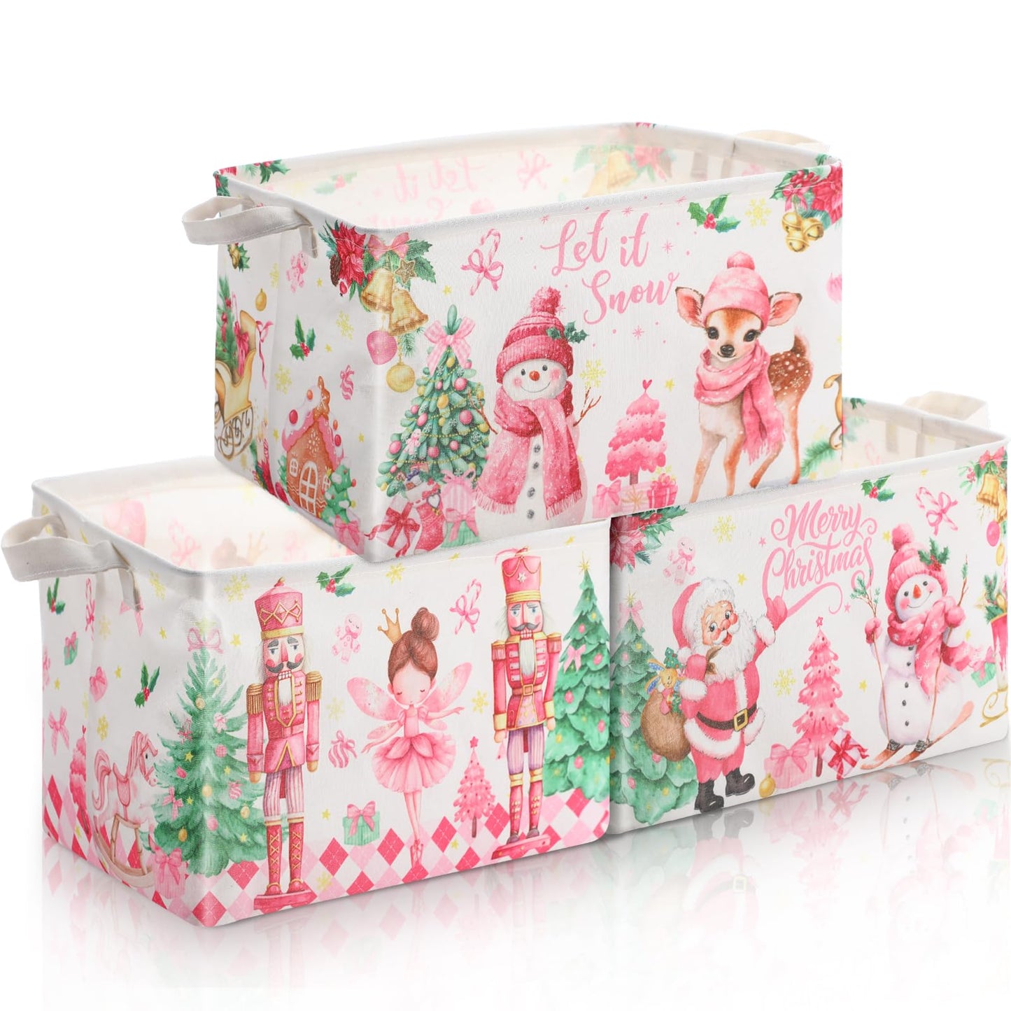 FoldTier 3 Pcs Pink Christmas Baskets Large Christmas Gift Storage Basket with Handles Foldable Snowman Santa Nutcracker Storage Bins Empty Collapsible Holiday Cube Box for Xmas Gifts Toy Clothes Book