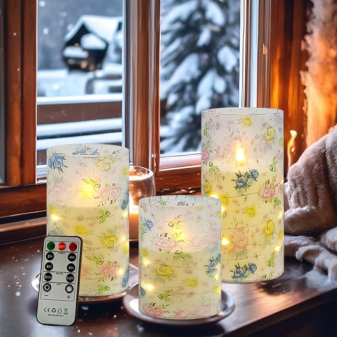 Flickering Flameless Candles Vintage Blue Floral Print, Embedded Star String Lights, Battery Operated Acrylic LED Pillar Candles with 11-Key Remote and Timer for Home Decoration, 3 Pack