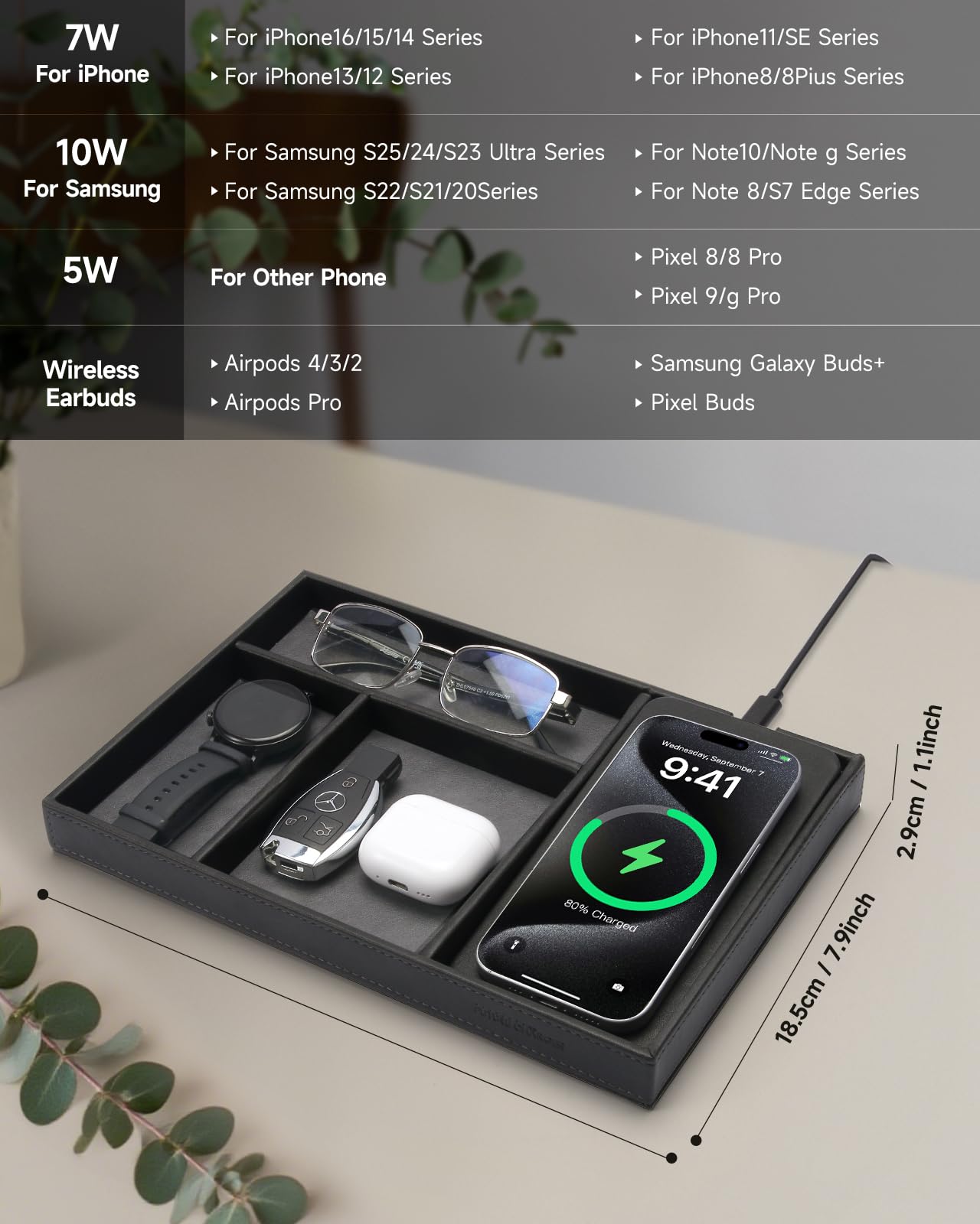 Valet Tray, Built in Wireless Charging Pad, Nightstand Organizer, Two-Toned Premium Vegan Leather Desk Bedside Caddy Organizer Tray for Keys, Watch, Wallet, Jewelry (Black+Gray)