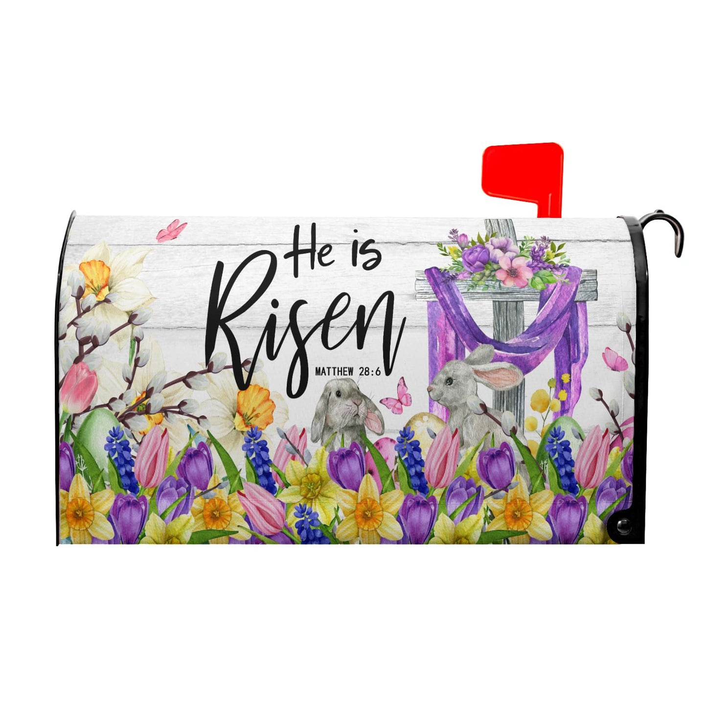 He is Risen Easter Cross Christian Mailbox Cover Magnetic Large Size 25x21in Religious Spring Lily Flower Decorative Mailbox Wrap Decals Easter Bunnies Rabbit Post Letter Box Cover for Garden Yard