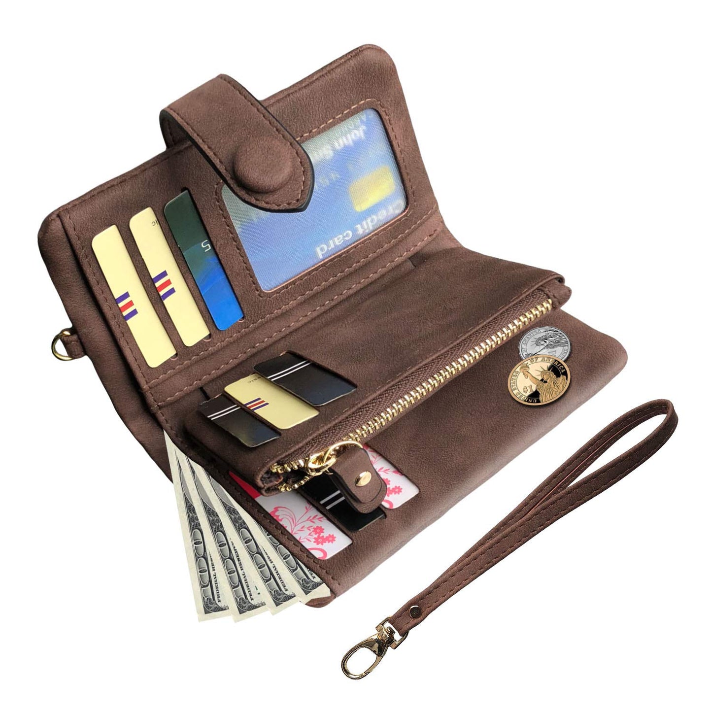 PofeeXIO Womens Small Bifold Leather Wallets Rfid Ladies Wristlet with Card slots id window Zipper Coin Purse (Brown)