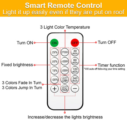 Mlambert 3-Color in 1 Solar String Lights Outdoor Waterproof Dimmable, 48ft Remote LED Patio Lights,15 Hanging Sockets Shatterproof Light for Backyard