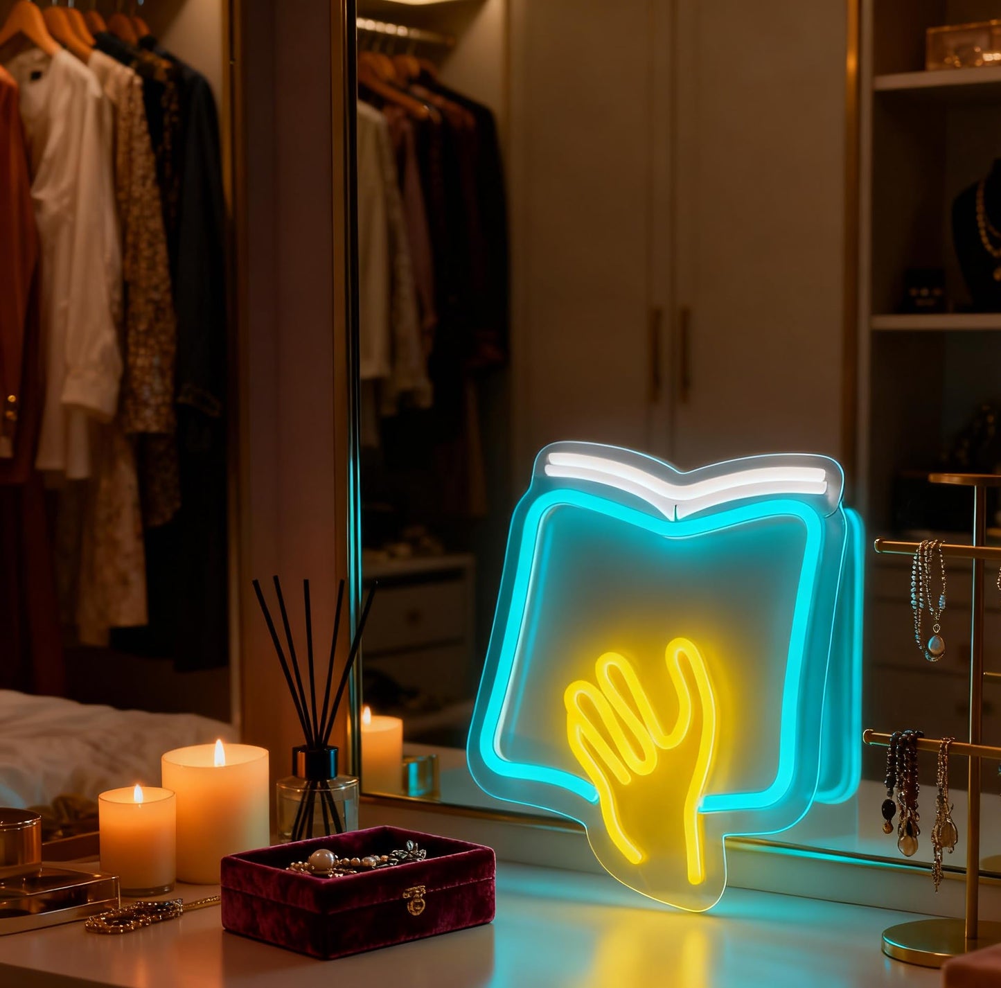 Reading Theme LED Neon Sign, Book with Hand Shape Neon Light, Library Study Room Home Bedroom Wall Table Decor, USB Powered Dimmable Decorative Light 9.8 x 8.5 In