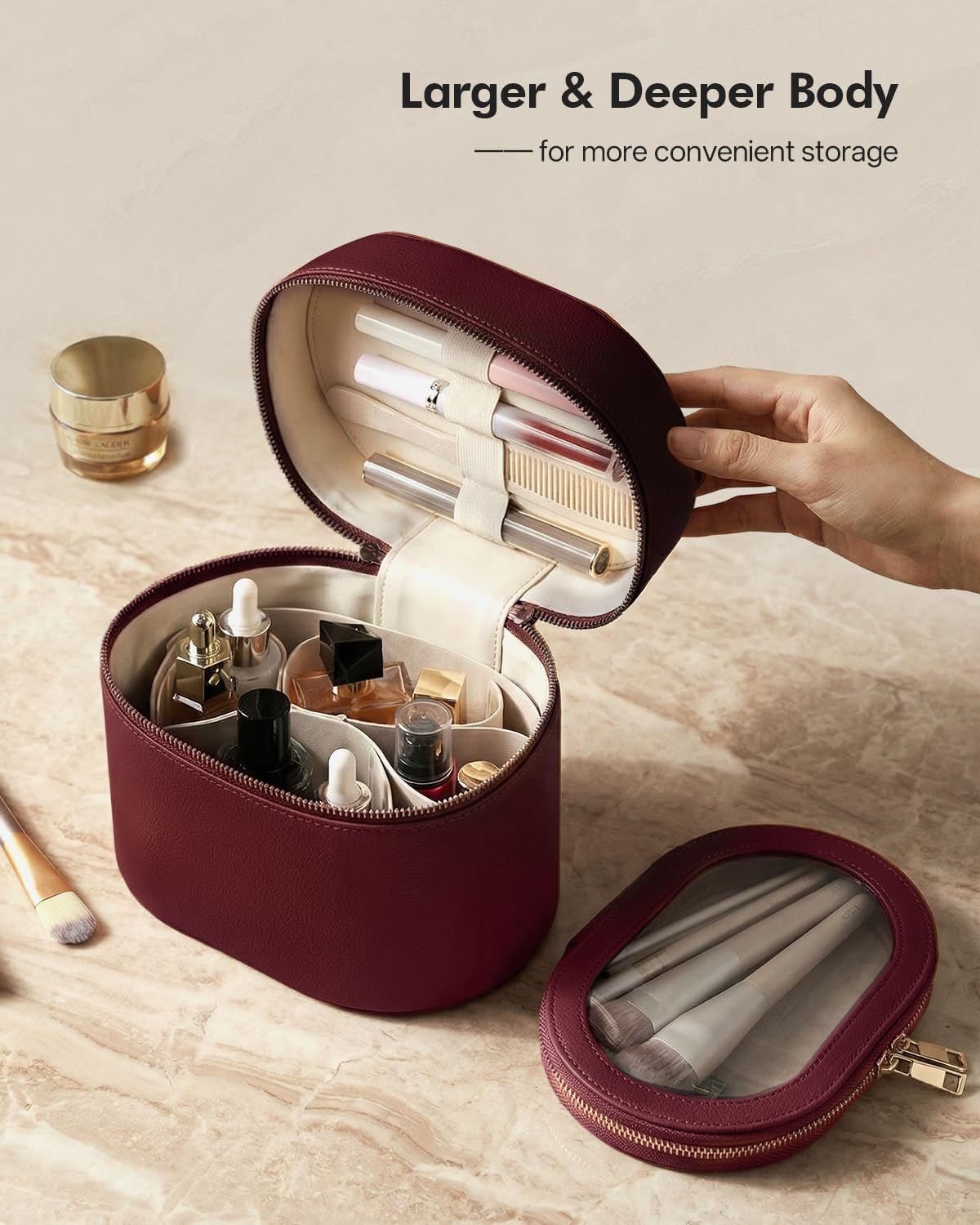 Prite Makeup Bag Travel Cosmetic Case with Clear Toiletry Pouch and Removable Divider, Vegan Leather Organizer for Women