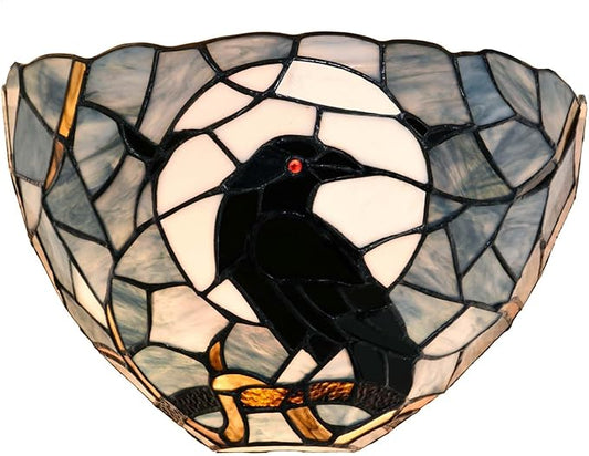 Bieye L10958 Raven Sitting on Tree Branch Against Full Moon Tiffany Style Stained Glass Wall Sconces Light Fixture for Home Decor