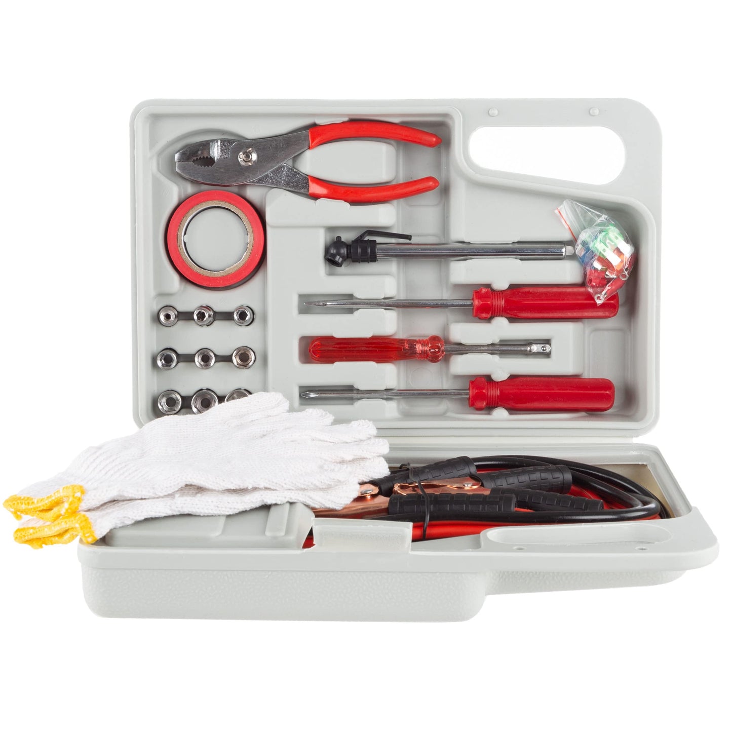 Roadside Emergency Car Kit - 30-Piece Road Trip Essentials Tool Set with Jumper Cables and Carrying Case for Car, Truck, or RV by Stalwart (Gray/Red)