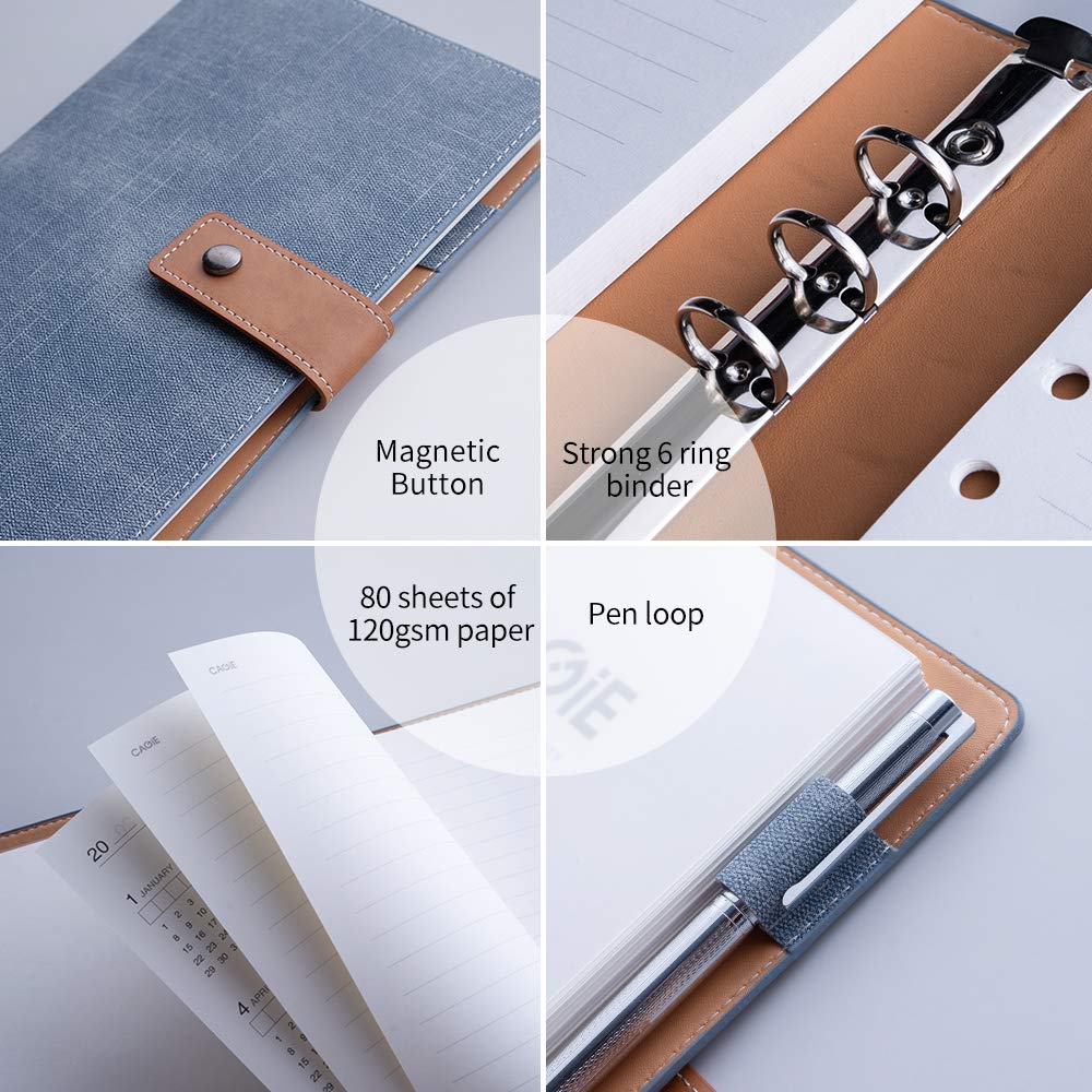 CAGIE A5 Refillable Faux Leather Traveler Notebook Binder Journals 6 Ring Binder Personal Organizer Travel Diary for Women Men Lined Grid Blank Paper with Calendar