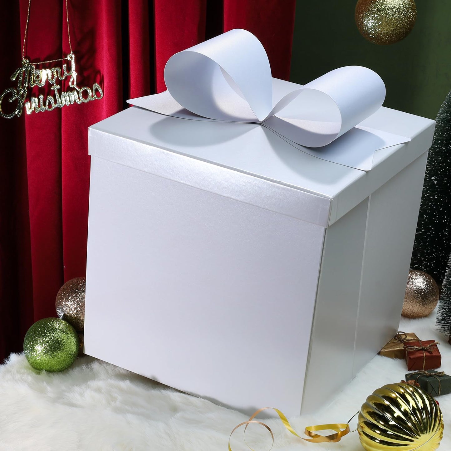 LaRibbons Large White Gift Boxes with Lid and Bow – 10x10x10 Inch Collapsible Square Box for Birthday, Wedding, Baby Shower, Christmas, Party Gifts, All Occasion