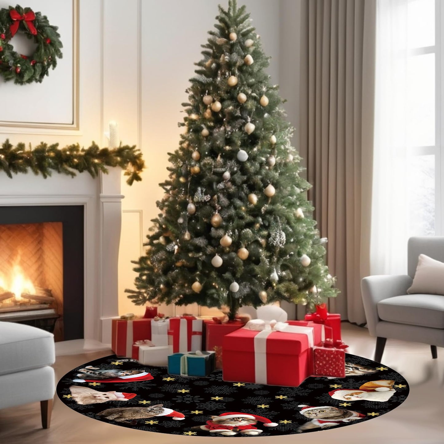 Cat Christmas Tree Skirt 36 Inches Black and Gold Xmas Skirt Under Tree Base Cover Collar Floor Mat for 6.5ft-Tree, Christmas Decor for Home Office Indoor Holiday Party Decor
