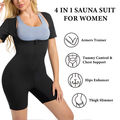 Meiosuns Sauna Suit for Women Ribbed Full Body Sweat Suits Weight Loss Jumpsuit Waist Trainer Shaper 4 in 1 Slimming Heat Trapping Sweat Shirt for Belly Fat Workout Gym Shapewear (Blue, M)