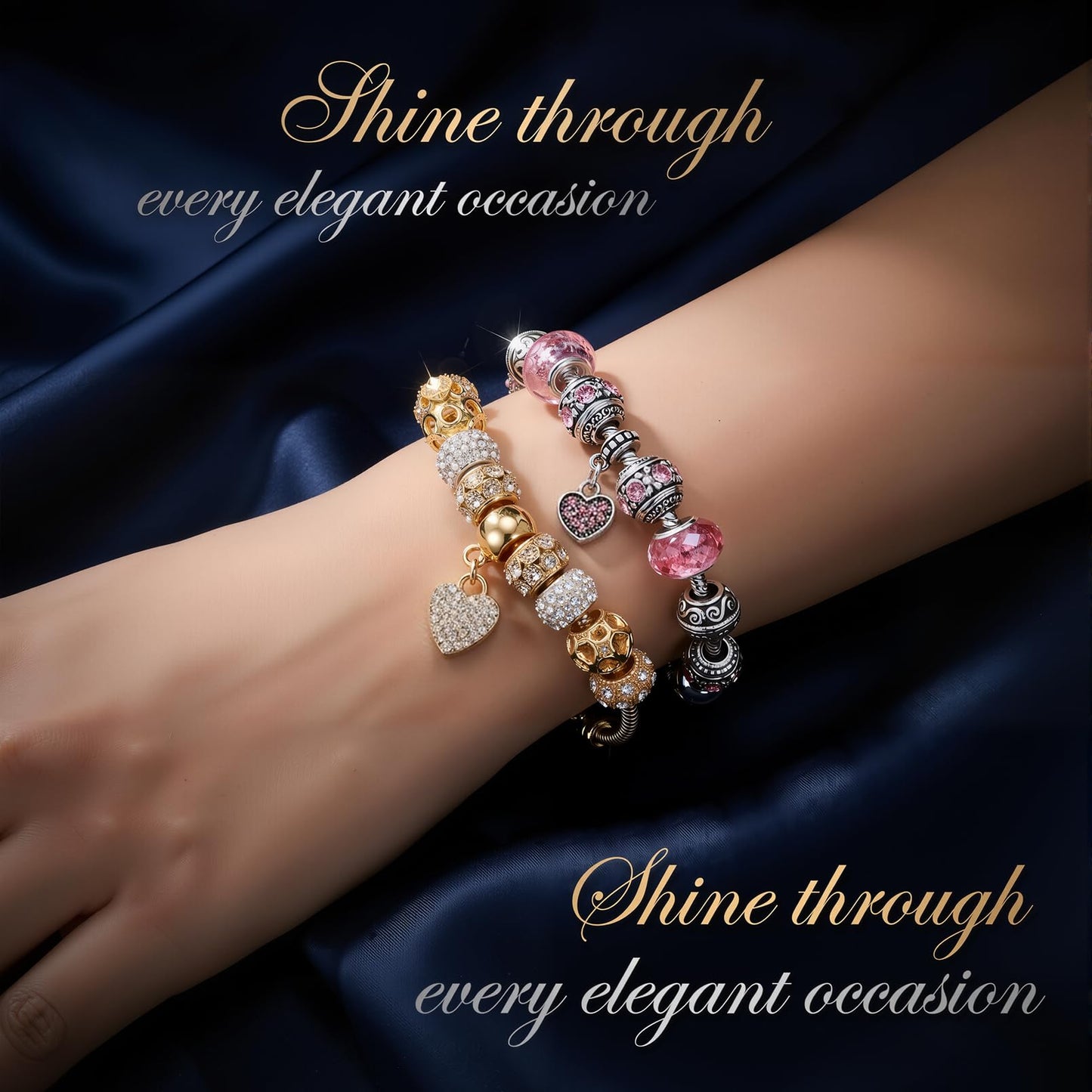 VTEAS 2 Pack Charm Bracelets Pink and Gold Heart Silver Plated Charm Bracelet, DIY Jewelry for Women Gifts, with Beads, Crystal, Charms, Love and Adjustable Snake Chain, Fits 7.5"+1.5"
