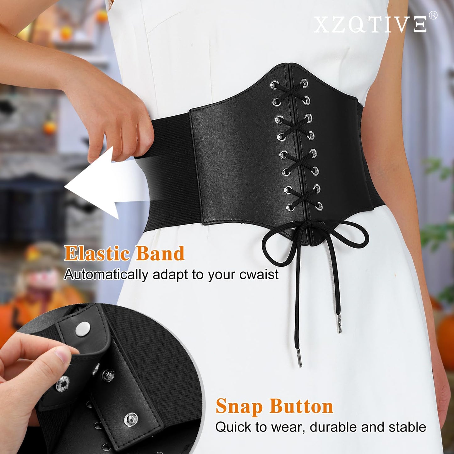 XZQTIVE Black Corset Waist Belt for Women, Wide Elastic Tie Waspie Belt for Dresses 4.7inch