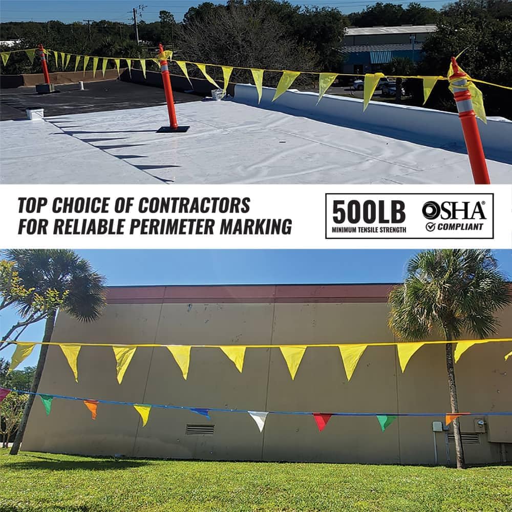 Pennant Banner Flags - OSHA 500lb Rated Safety Rooftop Flagging Barrier Traffic Party & Events - 105ft Strand Fade Resistant (Multicolored, 9"x12"x105ft)