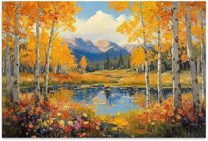 Yesad Fall Wall Art, Birch Canvas Wall Art Forest Painting Prints Nature Wall Art Wildflower Pictures Rustic Wall Décor for Living Room Bedroom Farmhouse (Unframed,36”x24”,Birch)