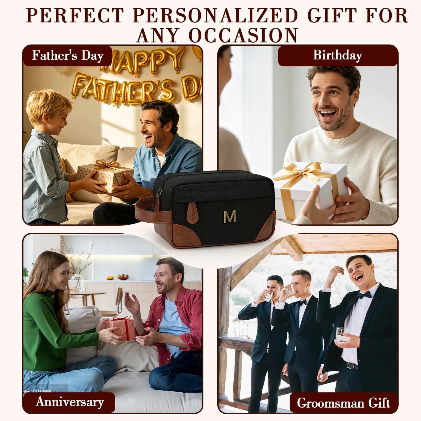 CLOUDWINGS Personalized Gifts for Men Dad - Initial Travel Toiletry Bag Hanging Dopp Kit, Waterproof Shaving Bag with Large Capacity, Fathers Day Birthday Gifts for Him Dad Husband Boyfriend (M)