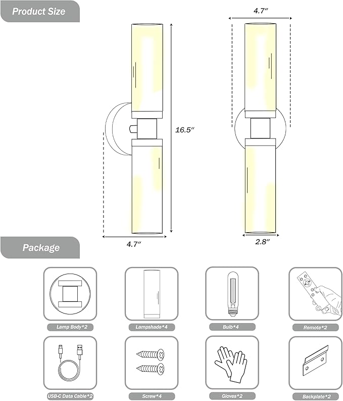 Rechargeable Battery Wall Sconce Set of Two, Cordless, Dimmable, Timer, Remote, Touch Control, 3000K, USB-C Charging for Living Room, Bedroom Black with White Lampshade (Include 4 Special Bulbs)