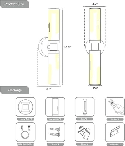 Rechargeable Battery Wall Sconce Set of Two, Cordless, Dimmable, Timer, Remote, Touch Control, 3000K, USB-C Charging for Living Room, Bedroom Black with White Lampshade (Include 4 Special Bulbs)