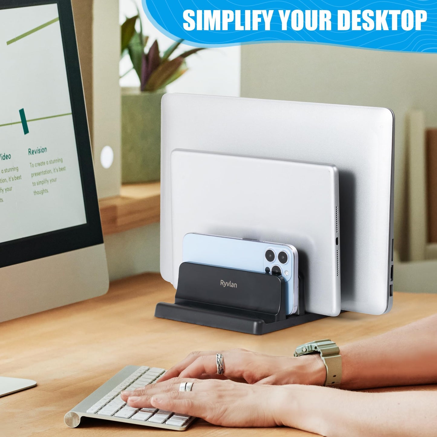 Ryvlan Vertical Laptop Stand, 3 Slot Adjustable Laptop Storage Rack and Desk Organizer, Silicone-Padded Holder for Multiple Devices Storage, Compatible Stand for Tablets and Devices up to 17 Inches