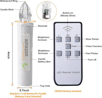 24 Pack Flameless LED Taper Candles with Remote Control and Timers, Warm White, with Clips and Suction Cups