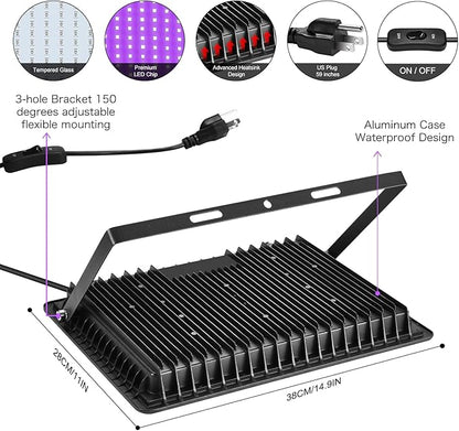 4 Pack 300W LED Flood Black Lights,395nm to 405nm UV Outdoor Flood High Power Blacklight Light with Plug in, IP66 Waterproof Large Black Light Spotlight for Glow Party Large Space, Halloween